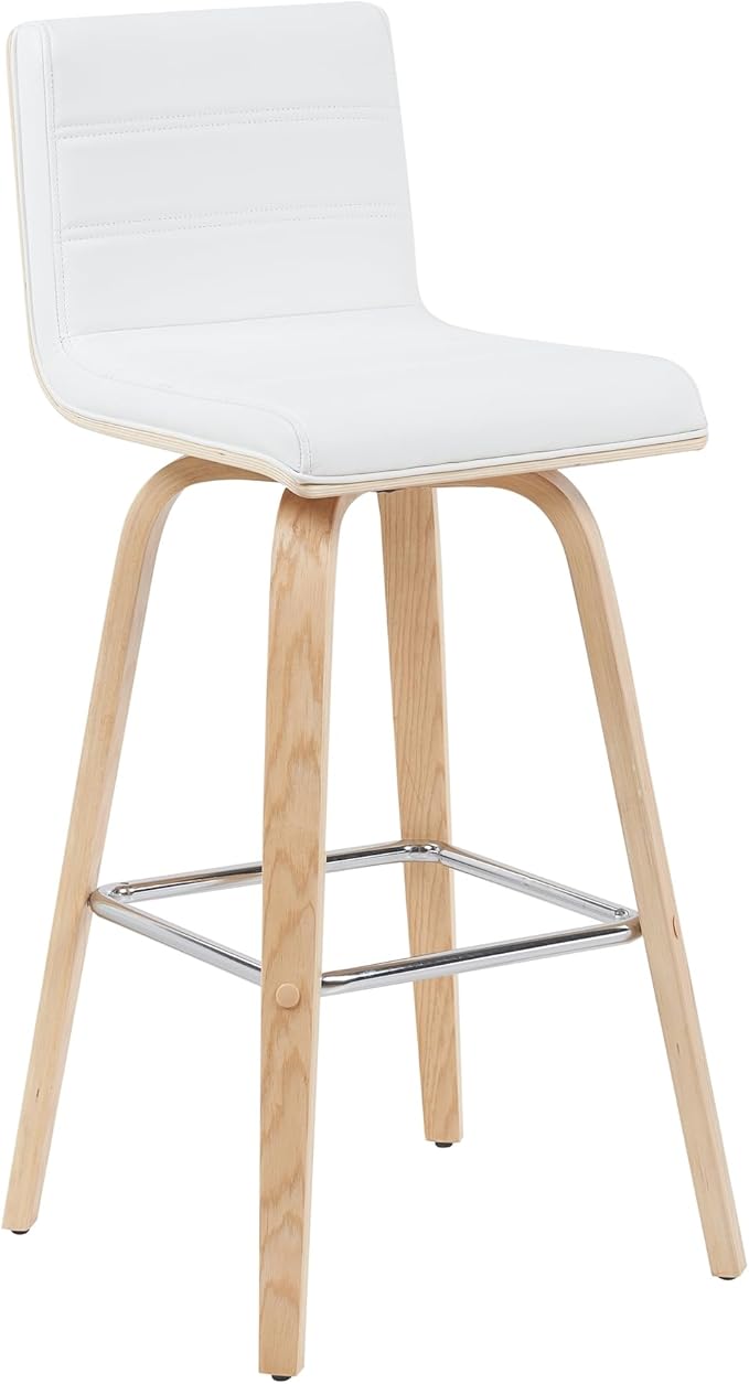 Armen Living Vienna Modern Swivel 30" Bar Height Barstool with White Faux Leather and Patterned Oak Wood Finish