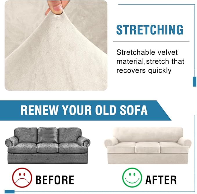 H.VERSAILTEX Sofa Cover 4 Piece T Cushion Sofa Slipcovers Couch Cover Furniture Protector Stretch T Cushion Sofa Covers for 3 Cushion Couch with 3 Individual T Cushion Covers, Ivory