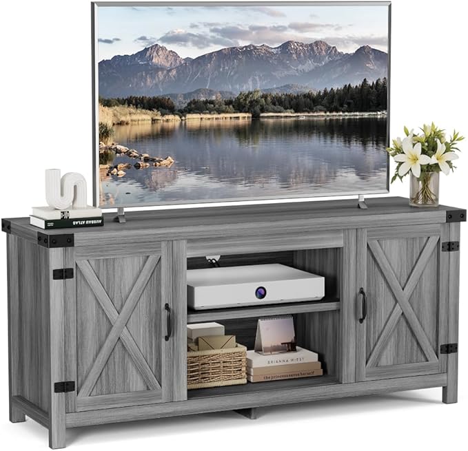 YESHOMY Modern Farmhouse TV Stand with Two Barn Doors and Storage Cabinets for Televisions up to 65+ Inch,Entertainment Center Console Table,Media Furniture for Living Room, Grey