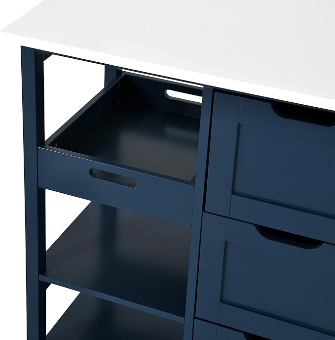 YITAHOME Small Solid Wood Top Kitchen Island Cart on Wheels with Storage, Rolling Portable Dining Room Serving Utility Carts Mobile Movable with 3 Drawers Cabinet, Navy Blue