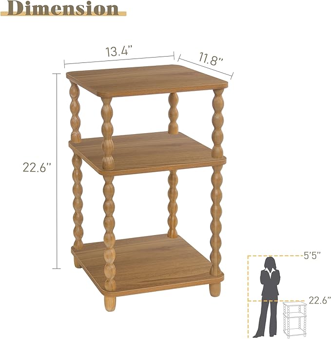 End Table, Small Side Table with 3 Tier Open Shelf, Modern NightStand Accent Table for Small Spaces, Living Room and Office (Caramel Tan)
