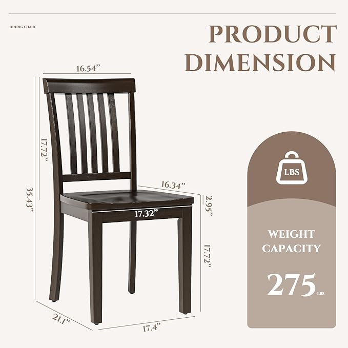 COLAMY Wooden Dining Chairs Set of 2, Solid Rubberwood Kitchen & Dining Room Chairs,Windsor Style Seating, Rustic Dining Table Chairs, Non-Slip Foot Pads, Farmhouse & Traditional Seating,Dark Brown