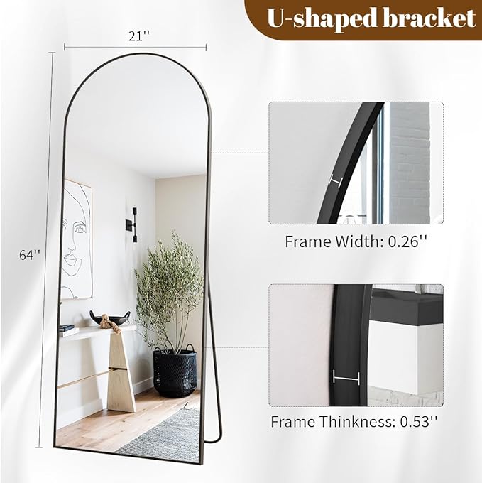 Koonmi Arched Full Length Mirror, 64"x21" Black Standing Hanging or Leaning Full Body Mirror with Aluminum Alloy Frame for Living Room and Bedroom
