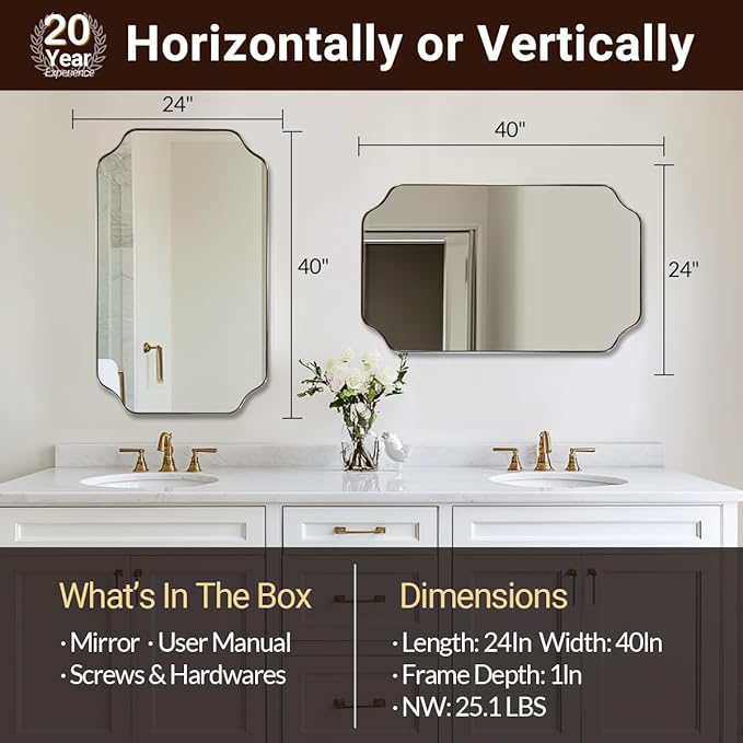 ANDY STAR 24x40 Inch Rectangle Bathroom Mirror, Brushed Nickel Scalloped Bathroom Mirror, Silver Bathroom Vanity Mirror, Unique Mirror in Rust-Proof Stainless Steel Frame (Horizontal/Vertical)