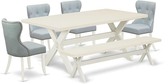 East West Furniture X027SI215-6 6 Piece Kitchen Table Set Contains a Rectangle Dining Table with X-Legs and 4 Baby Blue Linen Fabric Upholstered Chairs with a Bench, 40x72 Inch, Multi-Color