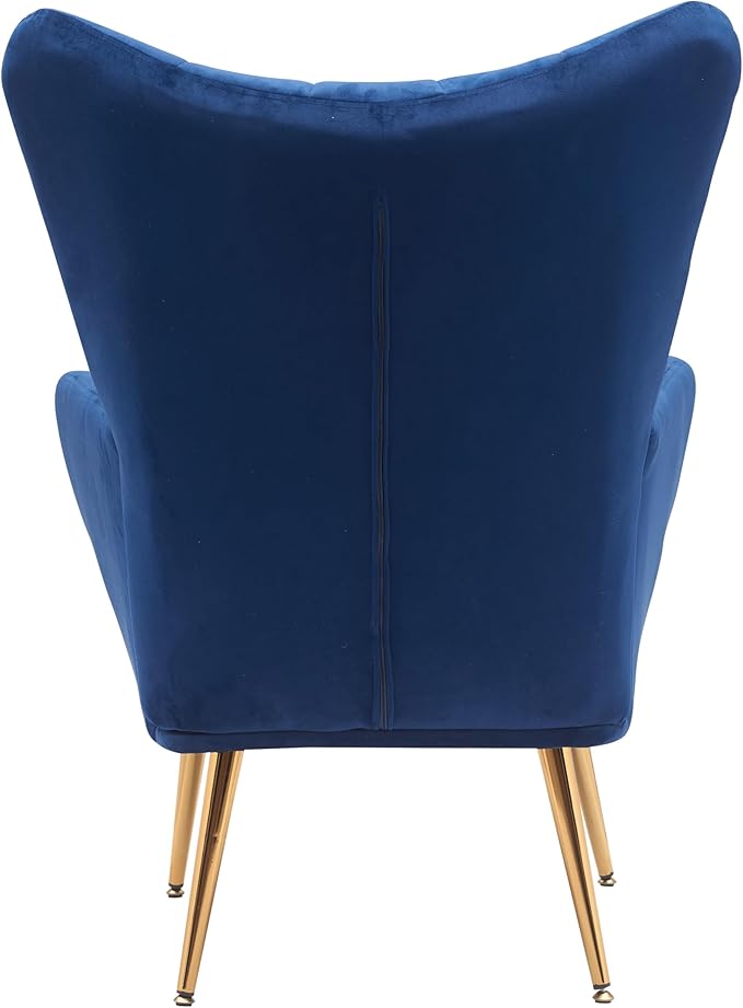 Container Furniture Direct Modern Chic Mid-Century Velvet Accent Armchair for Living Room, Bedroom, or Home Office, Button-Tufted Wingback Design with Gold Flared Legs, Navy Blue
