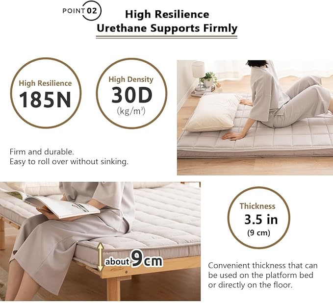 EMOOR Japanese Padded Futon Mattress Machi Twin Gray, Gusset Foldable Storable Elastic Bands Floor Sleeping Guest Bed Tatami Mat