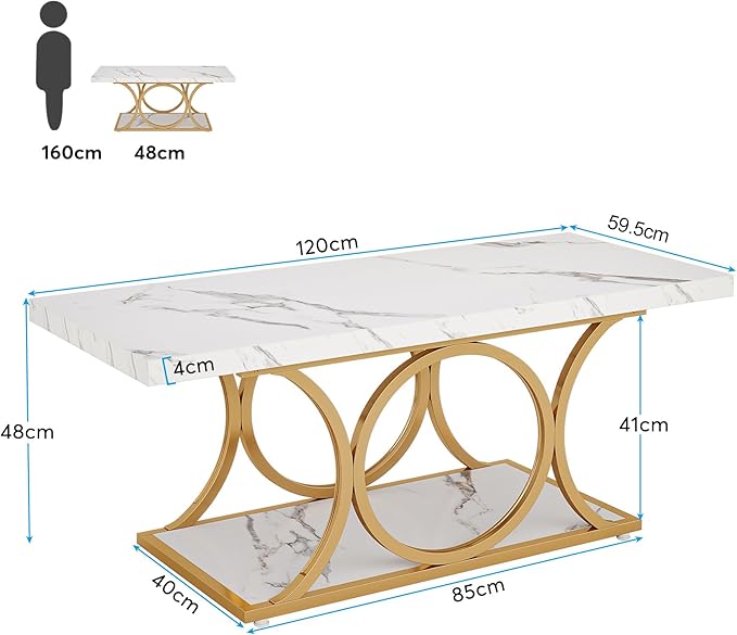 Tribesigns Rectangle Coffee Table, 46.45-inch Modern Coffee Tables for Living Room, 2-Tier Faux Marble Wood Coffee Table with Geometric Legs, Furniture with Storage Shelf (White & Gold)