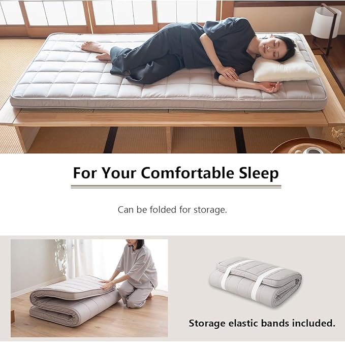 EMOOR Japanese Padded Futon Mattress Machi Small-Twin Gray, Gusset Foldable Storable Elastic Bands Floor Sleeping Guest Bed Tatami Mat