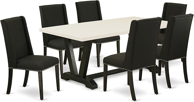 East West Furniture V627FL624-7 7 Piece Modern Dining Table Set Consist of a Rectangle Wooden Table with V-Legs and 6 Black Linen Fabric Parson Dining Chairs, 40x72 Inch, Multi-Color