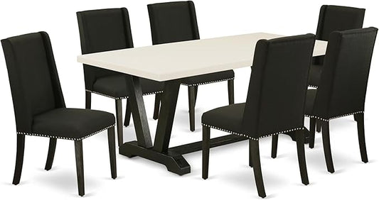 East West Furniture V627FL624-7 7 Piece Modern Dining Table Set Consist of a Rectangle Wooden Table with V-Legs and 6 Black Linen Fabric Parson Dining Chairs, 40x72 Inch, Multi-Color
