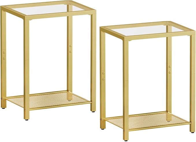 HOOBRO Set of 2 Side Tables, 2-Tier End Table, Nightstands for Tight Spaces, Tempered Glass Bedside Tables, Modern Metal Frame, for Office, Bedroom, Living Room, Study, Gold GD76BZP201