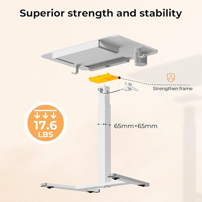 Mobile Standing Desk with Drawer, 28" Rolling Desk with Cup Holder and Hooks, Portable Laptop Cart on Wheels, Height Adjustable Workstation with Storage for Home Office, White
