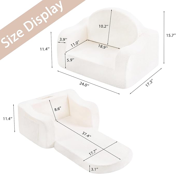 Welnow Kids Sofa, 2-in-1 Soft Sherpa Toddler Chair, Convertible Toddler Couch Lounger, Flip Out Kids Couch Chair with Side Pockets & Removable Cover for Girls and Boys, Beige