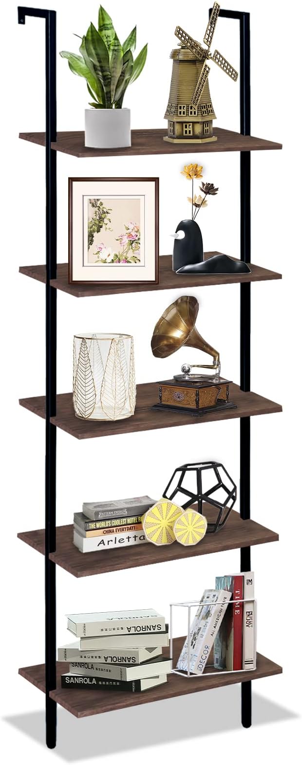 5 Tiers Ladder Shelf Brown Modern Bookshelf Open Tall Wall Mount Bookcase Standing Leaning Wall Shelves Industrial Decorative Living Room Bed Room