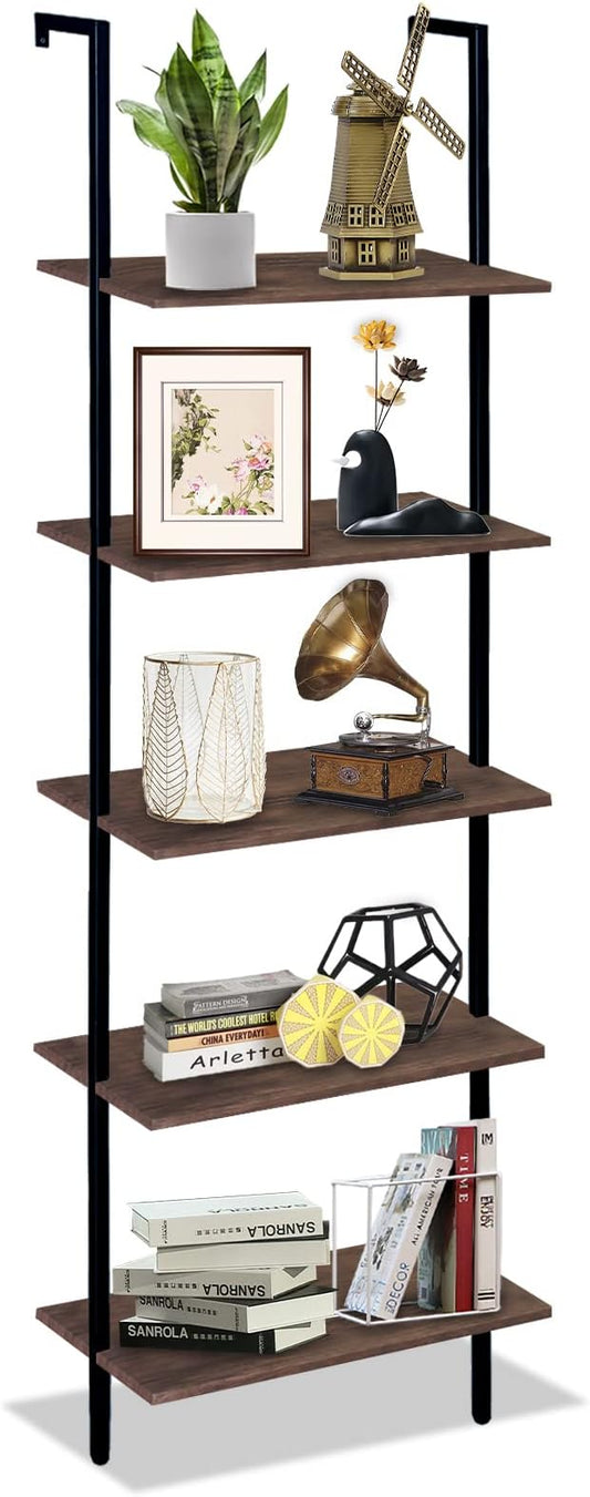 5 Tiers Ladder Shelf Brown Modern Bookshelf Open Tall Wall Mount Bookcase Standing Leaning Wall Shelves Industrial Decorative Living Room Bed Room