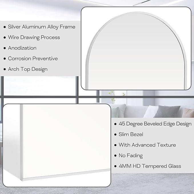 20" x 30" Silver Arched Mirror, Modern Aluminum Alloy Metal Frame, Arch Bathroom Vanity and Wall Decor Mirror for Bathroom, Living Room, Bedroom, Entryway