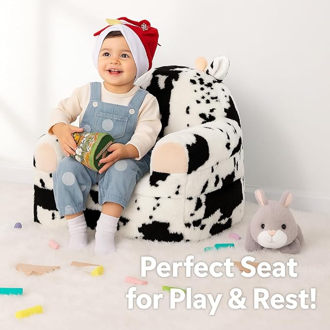 Toddler Chair with Faux Rabbit Fur – 2-in-1 Foldable Kids Couch, Soft Sofa for Reading, Napping, Bedroom or Playroom Use, 18 Months+ （Cow）