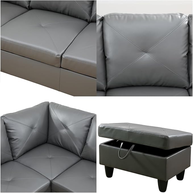 L Shaped Sectional Sofa with Ottoman, Leather Right Facing Modern Couches for Living Room, Bedroom, Office