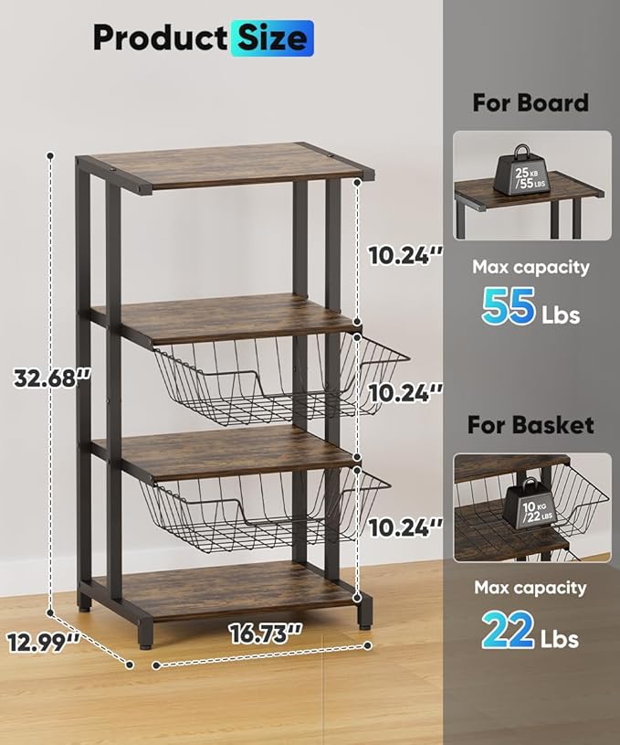 Media Stand with Two Detachable Baskets, 4-Tier AV Media Stand Corner Shelf for DVD Players/Cable Boxes/Games Consoles, Audio Storage Rack for Living Room, Gaming Room, Music Studio, Black