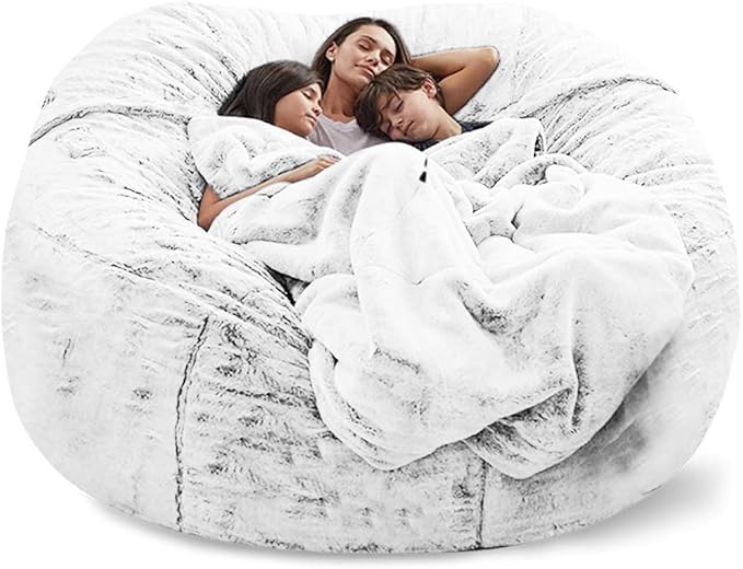 Giant Fur Bean Bag Chair Cover for Kids Adults, (No Filler) Living Room Furniture Big Round Soft Fluffy Faux Fur Beanbag Lazy Sofa Bed Cover (Snow Black, 7FT)