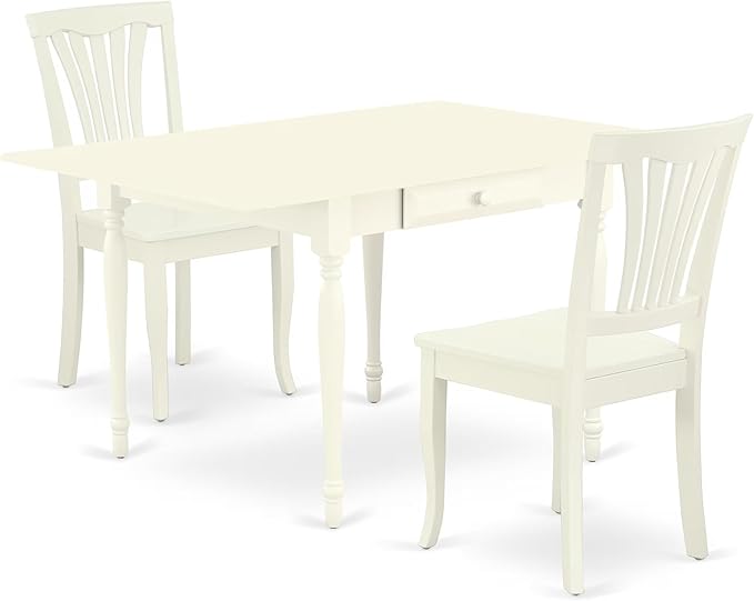 East West Furniture MZAV3-LWH-W 3 Piece Dinette Set for Small Spaces Contains a Rectangle Dining Table with Dropleaf and 2 Dining Chairs, 36x54 Inch, Linen White