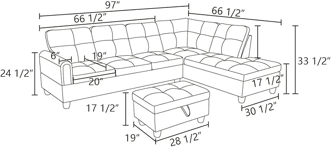 L Shaped Sectional Couches, Leather Modular Sectional Sofa with Ottoman Storage, Modern Lounge Sofa with Chaise for Living Room, Bedroom, Small Spaces, Gray