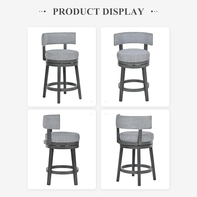 COLAMY Swivel Counter Height Bar Stools Set of 4, 25 Inch Modern Upholstered Kitchen Island Barstools with Back, Wood Swivel Bar Chairs for Counter Bar Dining Room, Grey