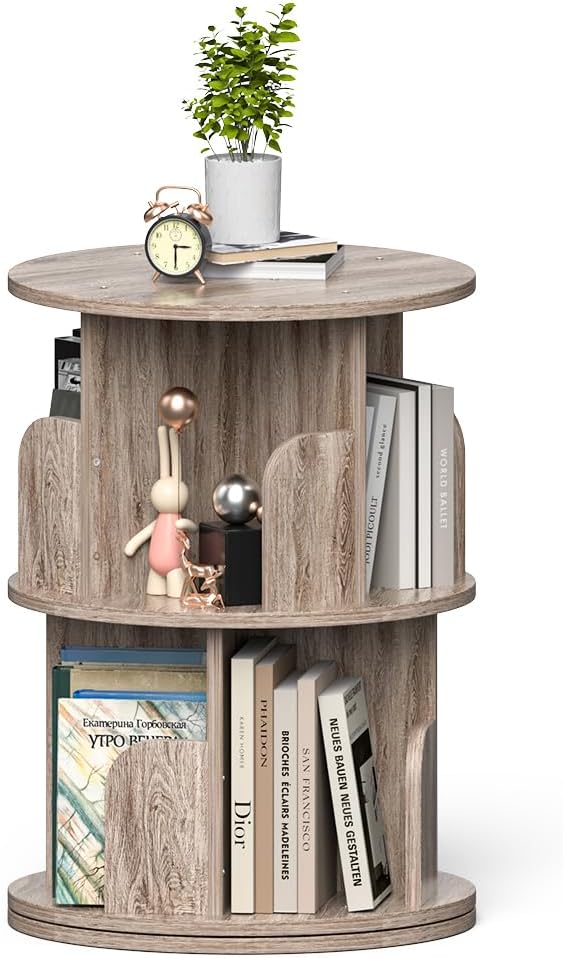 Nidouillet Small Rotating Bookshelf, 2 Tier Revolving Bookcase 360° Display Round Bookshelf Narrow Swivel Corner Book Shelf Standing Bookcase Adult Bedroom