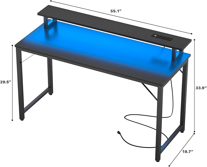 Computer Desk with USB Power Outlets and LED Lights,55 inch Gaming Desk with Monitor Stand for Small Space Home Office, Modern Simple Study Writing Table PC Desks, Black