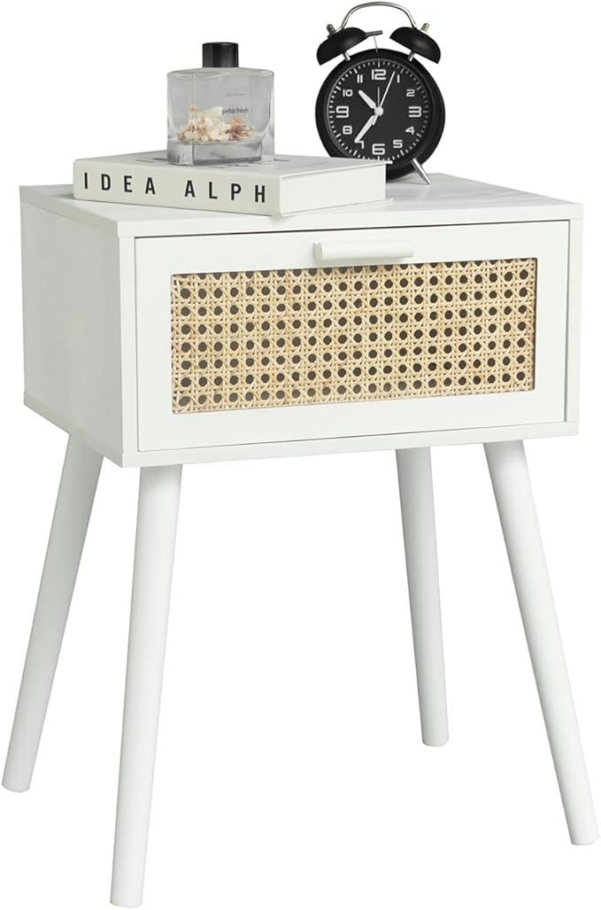 AWASEN White Rattan Nightstand, Modern Bedside Table with Rattan Drawer, End Table with Storage and Solid Wood Legs for Bedroom Living Room Small Space (White)