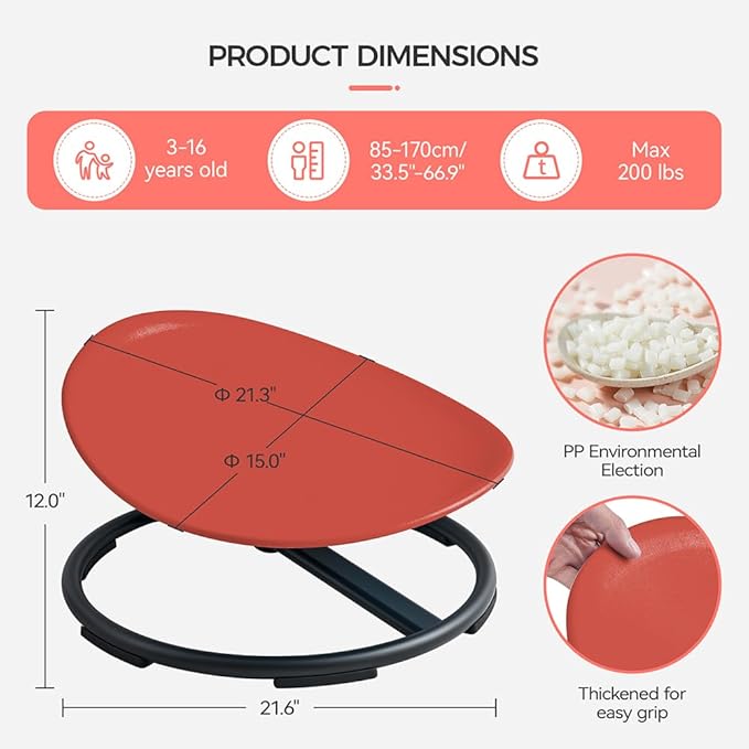 Swivel Chair for Kids, 360° Spinning Seat, Toddler Sit and Spin Wobble Chair, Sensory Balance Toys, Autism ADHD Chairs, Play Equipment Relief Motion Sickness for Boys Girls (Red)
