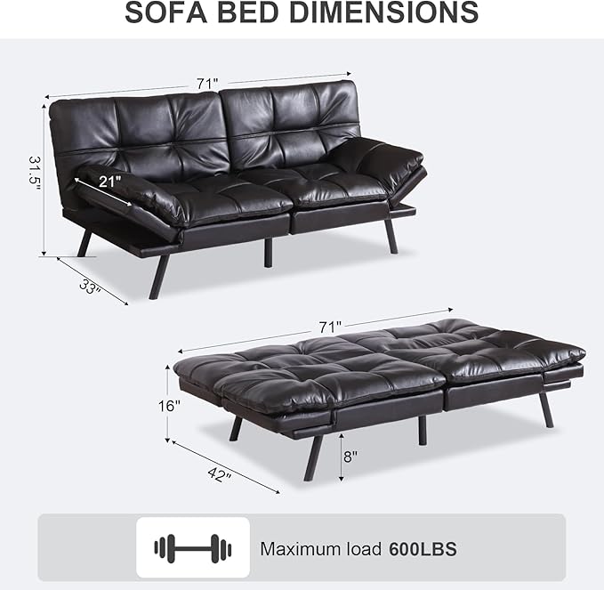 Vipbear Futon Sofa Bed Couch, 71" Convertible Sofa Bed, Space-Saving Loveseat with Adjustable Backrest & Armrest for Living Room,Apartment,Office,Black Sleeper Sofa