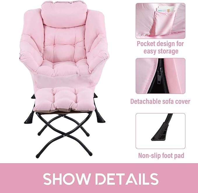 LITA Lazy Chair with Ottoman, Modern Accent Leisure Upholstered Sofa, Contemporary Lounge Reading Chair with Armrests and a Side Pocket for Living Room, Bedroom & Small Space, Pink