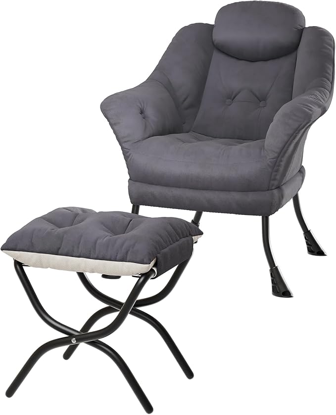 IDEALHOUSE Lazy Chair with Ottoman - Modern Living Room Chairs for Small Spaces, Ergonomic Reading Chair with Armrests, Comfy Chair with Ottoman for Bedroom & Living Room, Grey