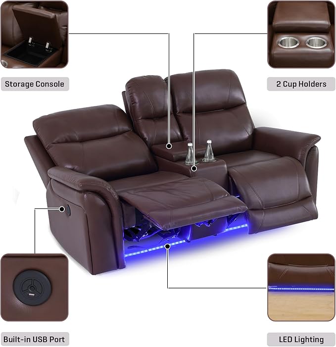 Nicbex PU Leather Power Wall Hugger Chair Double Reclining Sectional Sofa 2-Seater Loveseat Couch with Center Storage Console, USB Port, Cup Holders and Ambient LED Light for Living Room RV Theater