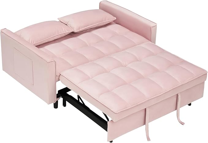 Ball & Cast 3 in 1 Convertible Sleeper Sofa Bed,Velvet Futon Couch with Pull-Out Bed,Convertible Pull Out Couches W/ 2 Pillows,Adjustable Backrest & Side Pocket,for Living Room,Apartment,Pink,55"