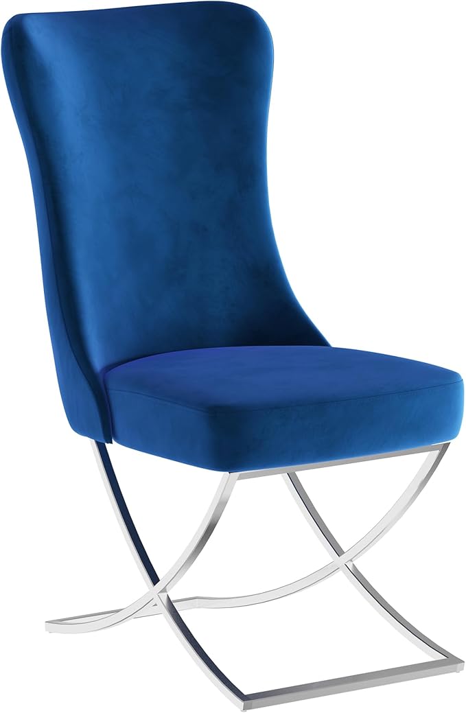 Ottomanson Royal Dining Chairs Set of 8 – Upholstered Tufted Microfiber, Assembled, Silver Metal Legs, Beech Wood Frame, 350 lb Capacity, Blue