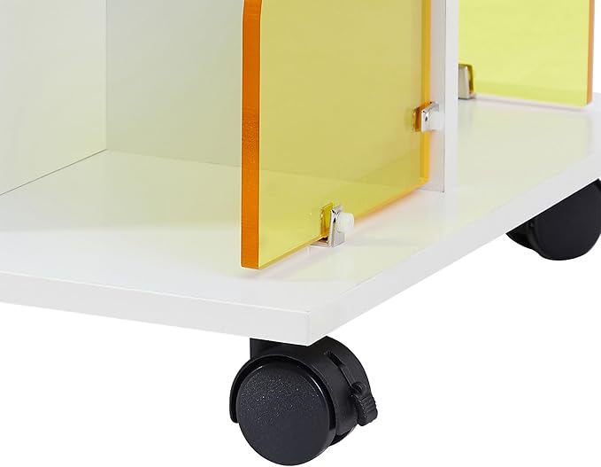 VECELO 4-Tier Rotating Bookshelf on Wheels, Revolving Bookcase Tower, Mobile Book Rack with Acrylic Windows, Narrow Rolling Bookshelves for Small Space, Corner, Bedroom, Office, White
