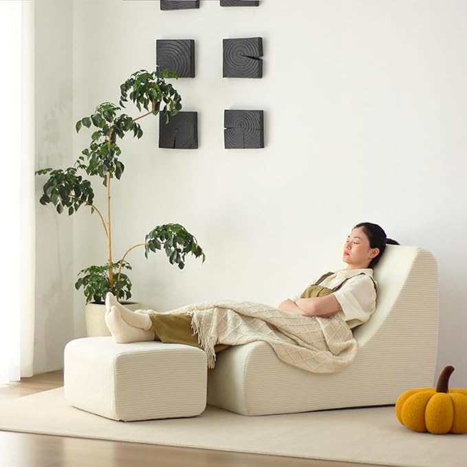 N&V Bean Bag Chair Single Seated Foam Sofa Armless Floor Sofa with High Density Foam Removable and Machine Washable Cover (White, Large, Corduroy Stripes)