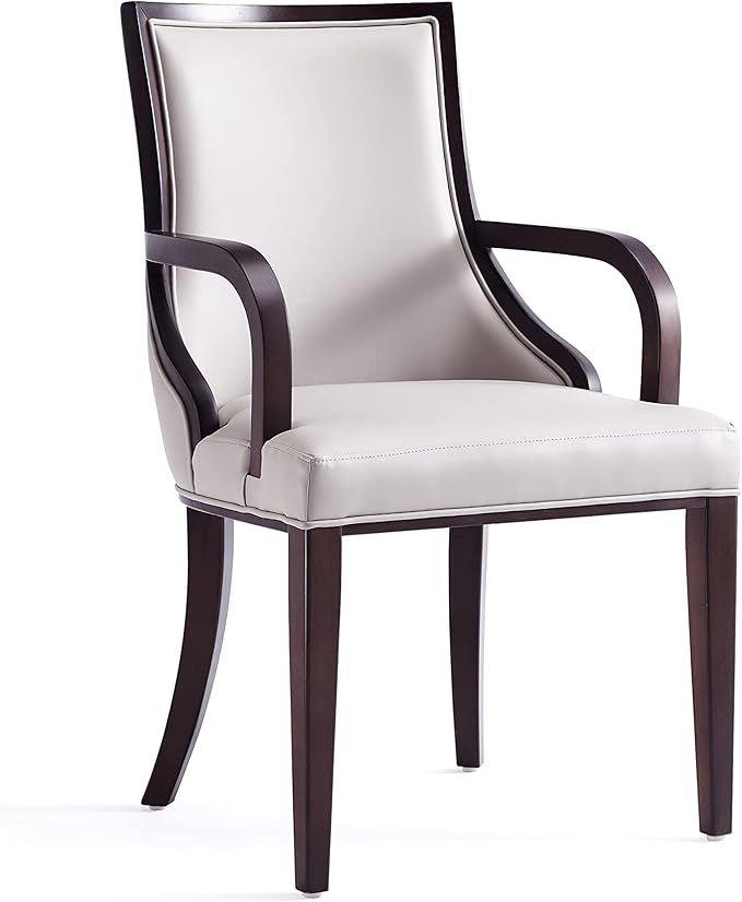 Manhattan Comfort Grand Faux Leather Dining Chairs, Traditional Design with Rectangular Channeling, Solid Beech Wood Frame, Walnut Finish, 300 lb Capacity, Fully Assembled, Set of 6, Light Grey