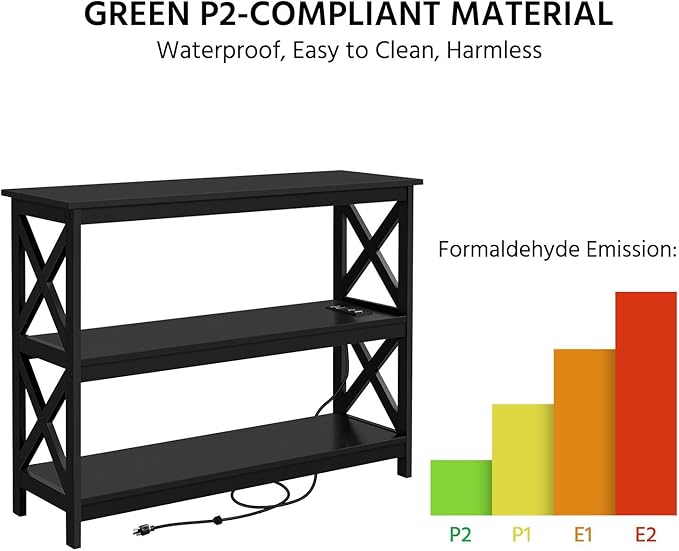 Yaheetech Entryway Table with Storage Shelves, Console Table with Power Outlets and USB Ports, Wood Narrow Sofa Tables with X-Shaped Design for Living Room/Hallway/Couch, Black
