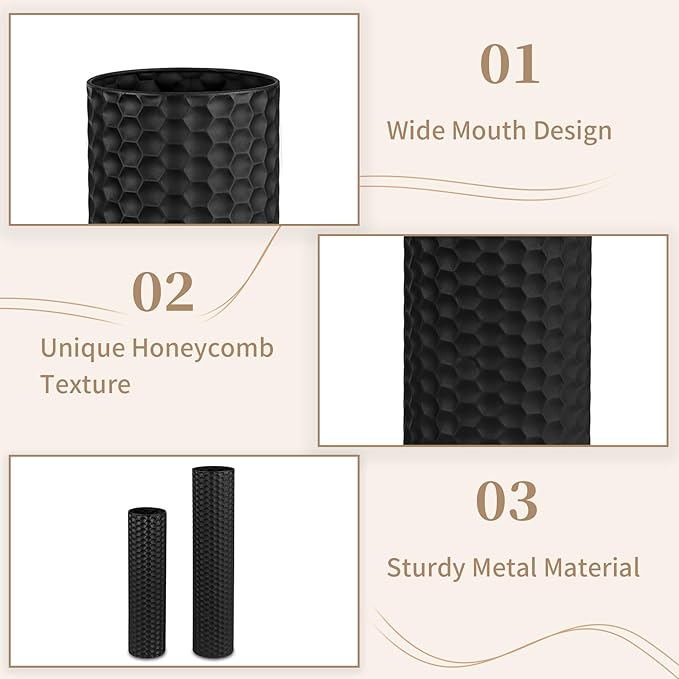 Sziqiqi Black Tall Floor Vase: 27.6/21.7in Metal Cylinder Vases Extra Large Decorative Vase Set of 2 Living Room Modern Honeycomb Texture Big Standing Decor for Dining Bedroom Home Corner Indoor