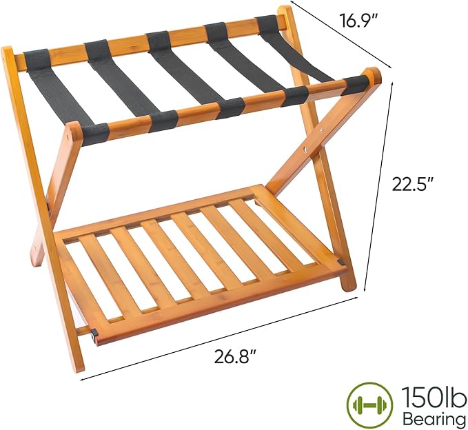 Pack of 2 Fully Assembled Bamboo Luggage Racks with Shoe Shelf, 5 Heavy-Duty Straps Folding Suitcase Stand, Luggage Holders for Guest Room Must Haves, Ideal for Bedroom, Hotel, Honey Oak