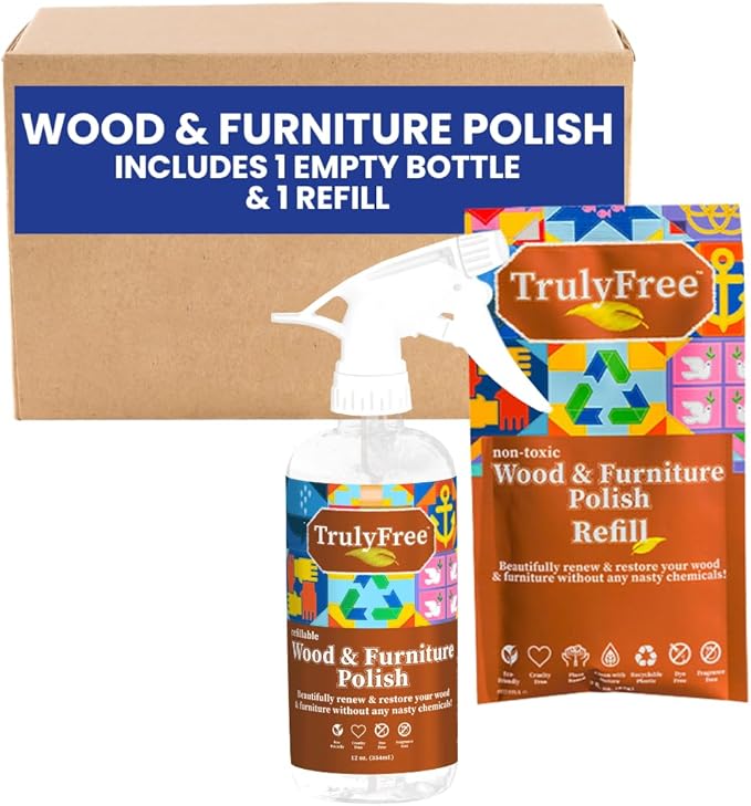 Natural Wood Cleaner & Furniture Polish - Leather Cleaner, Vinyl, Furniture & Wood Polish, Helps Remove Water Stain, Unscented - Includes: 1 Refillable Empty 12oz Bottle & 1 Refill(3 fl oz)