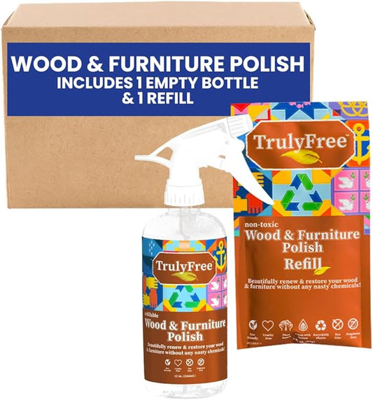 Natural Wood Cleaner & Furniture Polish - Leather Cleaner, Vinyl, Furniture & Wood Polish, Helps Remove Water Stain, Unscented - Includes: 1 Refillable Empty 12oz Bottle & 1 Refill(3 fl oz)