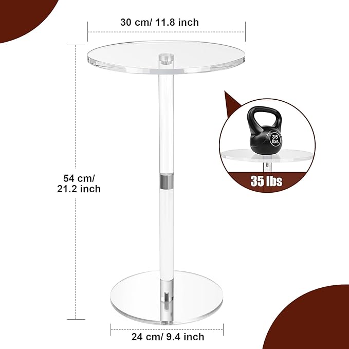 11.8" Round Clear Acrylic End Table - Modern Small Space Side Table for Living Room, Bedroom, Office, Outdoor | Sturdy, Easy to Install, Multi-Purpose