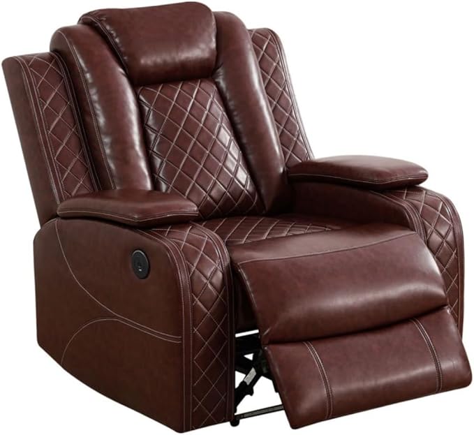 Electric Power Recliner Chair Living Room Furniture, Comfy Wide Lazy Home Theater Breathing Leather Seating with USB 2.0 Charging Ports, LED Light Strips (Red)