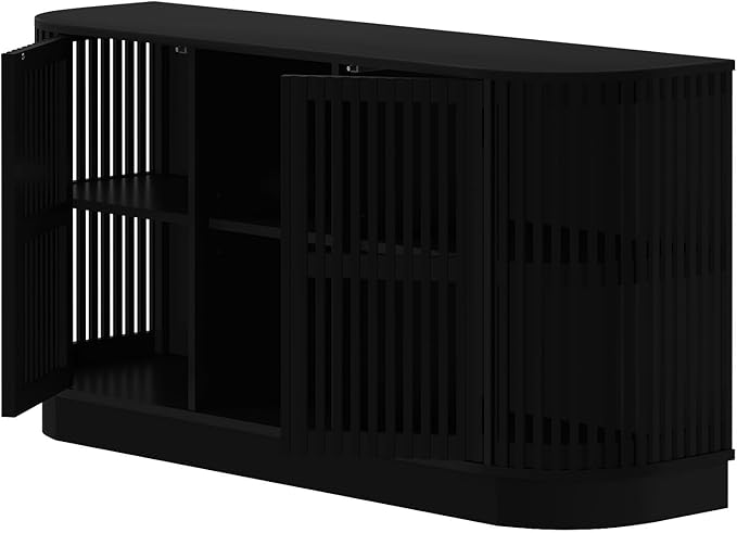 Plank+Beam Contour Wood TV Stand, Two Door Solid Wood Entertainment Console with Storage, 59" L x 16" W x 30" H, Black
