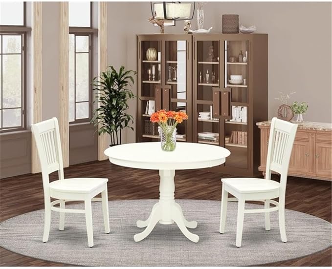 East West Furniture HLVA3-LWH-W 3 Piece Dining Room Furniture Set Contains a Round Kitchen Table with Pedestal and 2 Dining Chairs, 42x42 Inch, Linen White